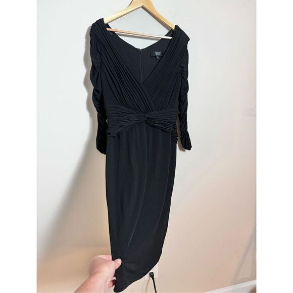 TADASHI Black Long Ruched Sleeve Deep V Neck Draped Evening  sheath Dress size L - Picture 3 of 7